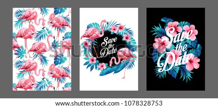 Blue summer tropical palm leaves with exotic flamingo and hibiscus flowers. Vector templates. Design element for card, poster, banner, and other use.