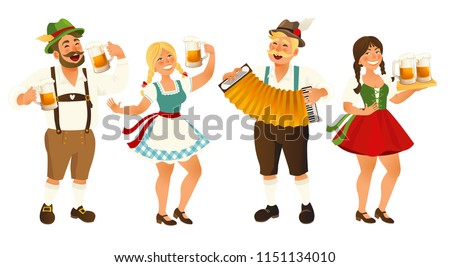 People in traditional German, Bavarian costume holding beer mugs, Oktoberfest, cartoon vector illustration isolated on white background. Full length portrait of German people in traditional costumes. ストックフォト © 