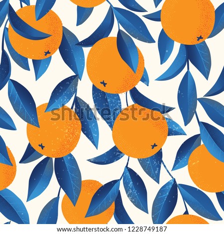 Tropical seamless pattern with oranges. Fruit repeated background. Vector bright print for fabric or wallpaper.