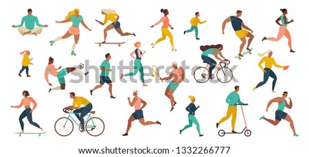 Group of people performing sports activities at park doing yoga and gymnastics exercises, jogging, riding bicycles, playing ball game and tennis. Outdoor workout. Flat cartoon vector.