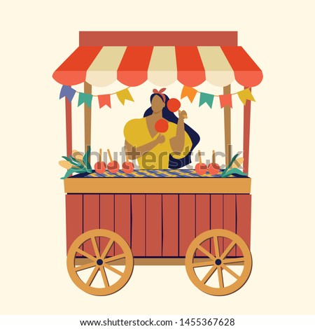 Tent street food cart apple candy. June Party Festival. Vector Illustration.