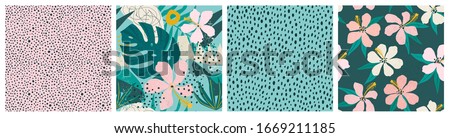 Collage contemporary floral and polka dot shapes seamless pattern set. Modern exotic design for paper, cover, fabric, interior decor and other users.