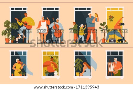 The concept of social isolation during the coronavirus pandemic. People playing musical instruments, cello, guitar, trumpet, buden, violin and doing yoga on balconies. Stay home quarantine. 