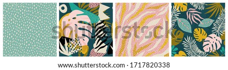 Collage contemporary tropical and polka dot shapes seamless pattern set. Mid Century Modern Art design for paper, cover, fabric, interior decor, and other users.