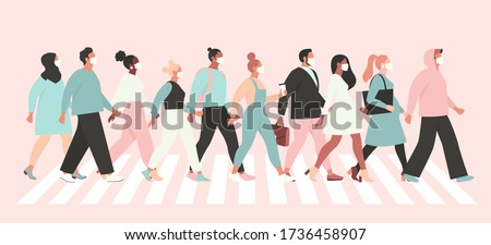 Keep social distance coronavirus (2019-nCoV), people in white medical face mask walking down the street. Concept of coronavirus quarantine vector illustration.