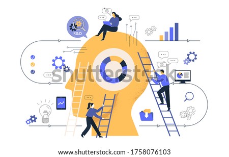 Сreative of business graphics, the company is engaged in joint search for ideas, abstract person's head, filled with ideas of thought and analytics, replacing old with new. Vector illustration.