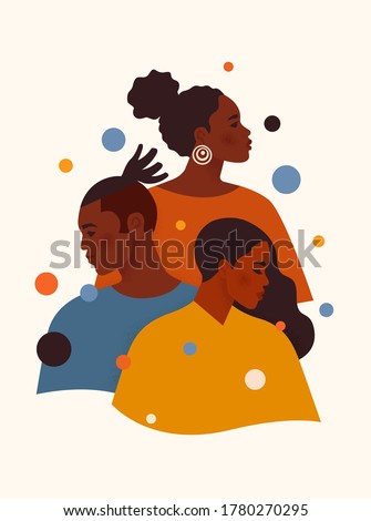 Black Lives Matter. African American men and woman in colorful clothes stand one by one. Tolerance and no racism concept. Protest Banner about Human Right of Black People. Cartoon vector illustration.