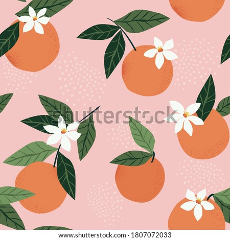 Tropical seamless pattern with oranges on a pink background. Fruit repeated background. Vector bright print for fabric or wallpaper.