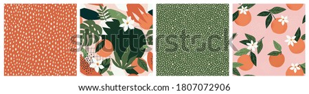 Collage contemporary orange floral and polka dot shapes seamless pattern set. Modern exotic design for paper, cover, fabric, interior decor and other users.