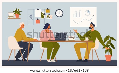 Scene at office. Men and woman sit taking part in business meeting, negotiation, brainstorming, talking to each other. Colorful vector illustration in flat cartoon style.  商業照片 © 
