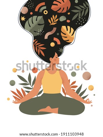 Mindfulness, meditation and yoga background in pastel vintage colors with women sit with crossed legs and meditate. Vector illustration.