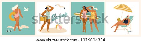 Vector abstract summer time illustration card with pin up girls relaxing on the beach in ocean waves with calligraphy. Summer party. Hello summer cards in vector. Cute Retro posters set.