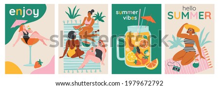 Top view of a summer background. Summer swimming, swimming, diving in a huge glass of cocktail or smoothie. Women relaxing at the beach. Vector cards, poster design illustration.