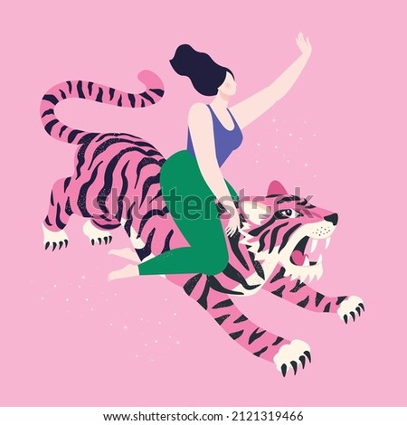 Woman riding a pink tiger. Love yourself card.