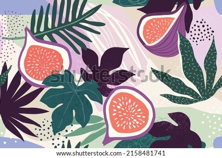 Tropical leaves and figs. Beautiful print with hand drawn exotic plants and dots. Fashion botanical fabric seamless pattern design.