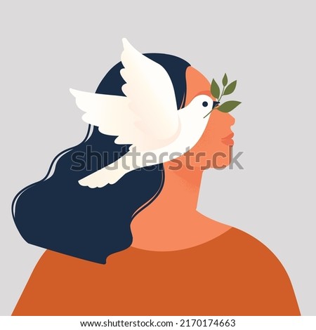 Girl and dove of peace. A young suffering woman in dress. Vector isolated illustration. Flat style. Design for banner, poster, web page. For peace against war.