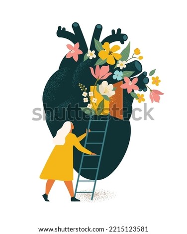 Huge anatomical heart with open door. Sweet love and invitation concept. Valentines illustration. Waiting love idea. Ladder leading to a heart, love concept illustration.