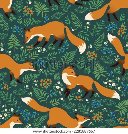 Forest Wildlife Seamless Pattern with Hand Drawn Foxes and forest plants Elements. Wild Animals in the Forest. Repeat Design for wallpaper, fabric, baby clothes, blankets, backgrounds.