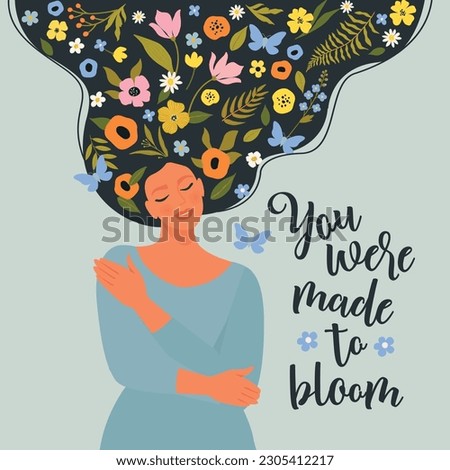 Love yourself, harmony creative concept. Woman with flowers in hair sits closed eyes and hugs herself. Vector illustration