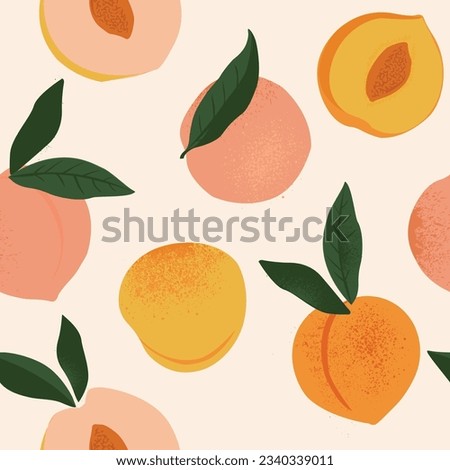 Peach or apricot seamless pattern. Hand drawn fruit and sliced pieces. Summer tropical endless background. Vector fruit design for label, fabric, packaging. Seamless surface design.
