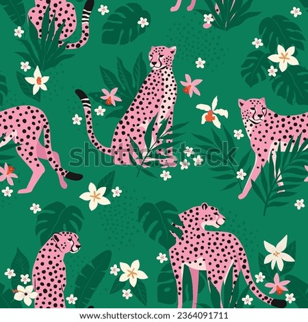 Vector seamless pattern with pink leopards, flowers, and tropical leaves. Trendy style.