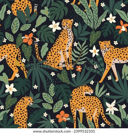 Leopards, flowers, and tropical leaves on a black background. Vector seamless pattern. Trendy style.