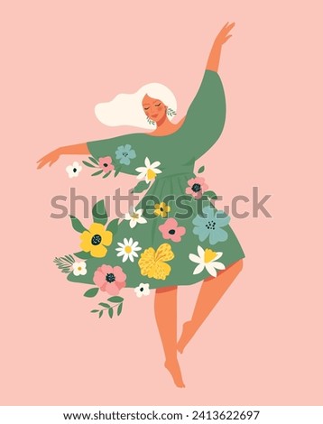 Woman dances in a dress with flowers. International Women s Day. Vector template with cute women for card, poster, flyer and other users.