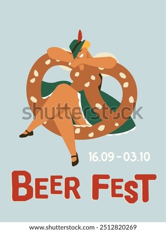 Girlin traditional Bavarian costume sitting on a giant pretzel. Vector flat illustration.