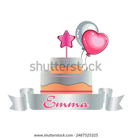 Happy birthday card set with cake, balloons and calligraphy. Template in simple style script girl name Emma for invitation card, thank you card, envelopes, t-shirts, sticker, greeting card. Vector 