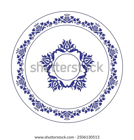 Beautiful round frame arabesque. Blue white plate with a large element in the center. Vintage, ethnic vector frame with arabesques (EPS). Pattern frame for round surfac, household utensil, textile