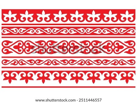 Traditional Kazakh, Kyrgyz, Uzbek, Mongolian or Kalmyk  pattern set. Seamless bands or borders, red and white ornaments. Vector design element.  National Asian ornaments for plate, textile and print d