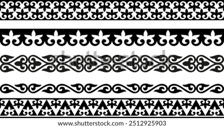 Set of vector monochrome seamless middle Asia national ornament. Ethnic pattern of the nomadic peoples of the great steppe, the Turks. Border, frame Kyrgyz, Kazakh, Turkic, Mongols, Buryats, Kalmyks. 