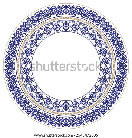 Elegant blue and gold circular frame with intricate Arabic, Islamic geometric patterns. Perfect for invitations, logos, website design. High-resolution vector file for crisp, scalable prints, ceramics