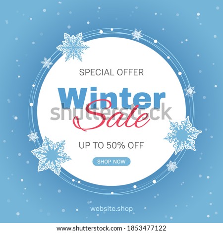 Vector banner template for seasonal winter sale with blue background and snowflakes. Usable for social media posts, web internet ads, flyers.