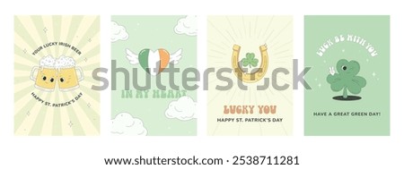 Saint Patrick's Day set of holiday gift card. Funny characters shamrock and Irish beer. Horseshoe for luck, heart in the colors of the Irish flag.