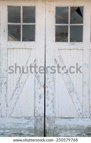 Rustic warehouse door painted white with windows