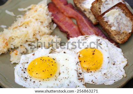 Eggs sunny side up with hash browns bacon strips and banana bread for breakfast