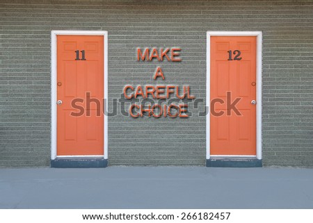 Concept of Choice - Two orange doors on classic motel wall illustrating a decision