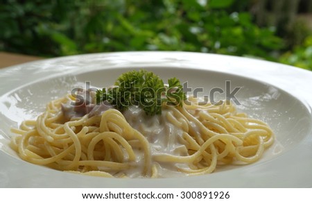 Spaghetti white sauce with nature background