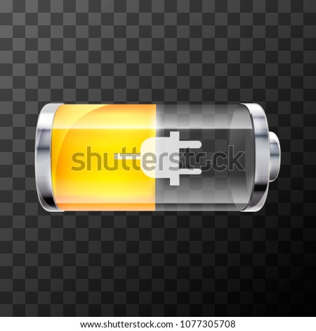 Fifty percent bright glossy battery icon with charging symbol on transparent background