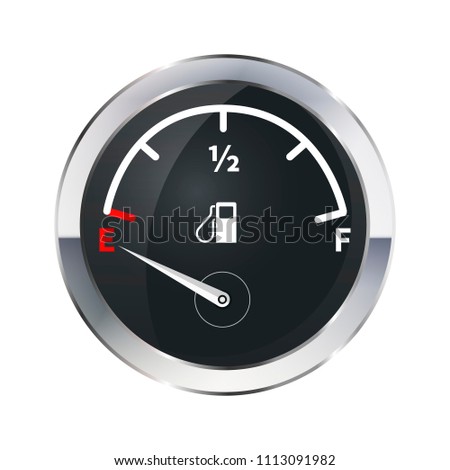 Out of fuel, glossy metallic indicator isolated on white