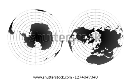 Arctic and antarctic poles globe hemispheres. World map view from space on white