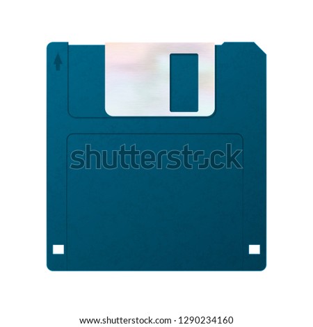 Realistic blue floppy-disk, retro object on white