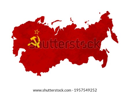 USSR country silhouette, soviet sickle and hammer symbol on red, communist USSR flag