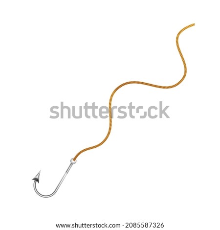 Bright glossy silver metal fishing hook on a rope isolated on white