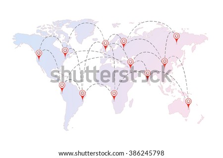 Air routes between cities with red pins on the world map on white