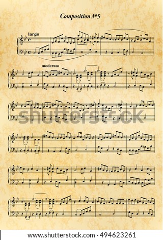 Music note sheet with difficult abstract melody on old paper