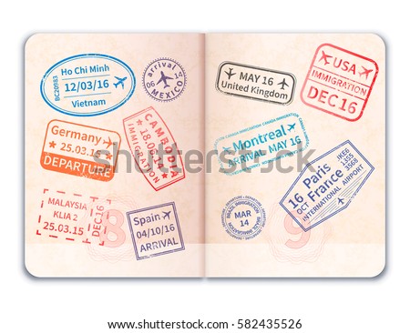 Realistic open foreign passport with many immigration stamps isolated on white