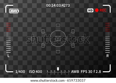 Camera viewfinder with iso, battery and audio levels marks on transparent background