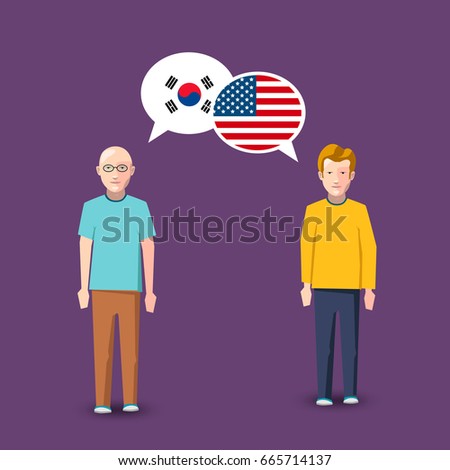 Two people with white speech bubbles with South Korea and USA flags. Language study conceptual illustration